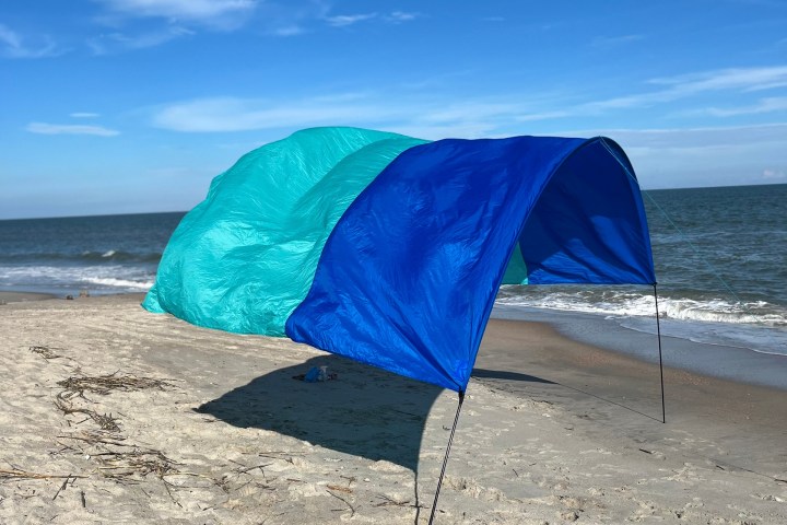 an umbrella sitting on top of a sandy beach