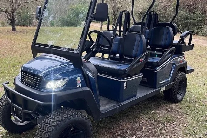 Blue, six-seat off-road golf cart on grass.